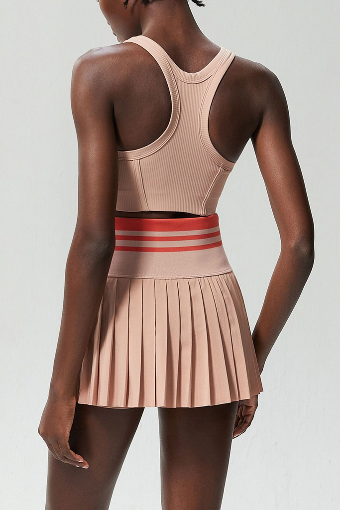 Beile Stripe Sleeveless Bodycon Ruch Skirt Set In Apricot - Stylish beautiful dress for special occasions | Buy Online