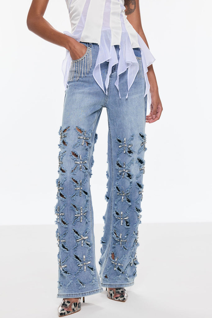 Stylish beautiful dress | Belicia Rhinestone Fringe Ripped Jeans - Ideal for special occasions