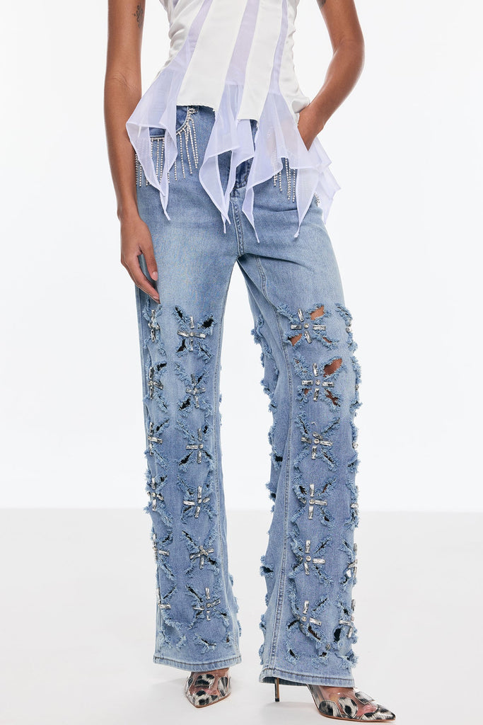 Stylish beautiful dress | Belicia Rhinestone Fringe Ripped Jeans - Ideal for special occasions