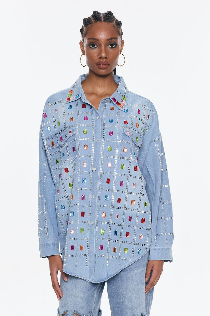 Shop  beautiful dress - Perfect for special occasions | Belisario Rhinestone Grid Denim Shirt