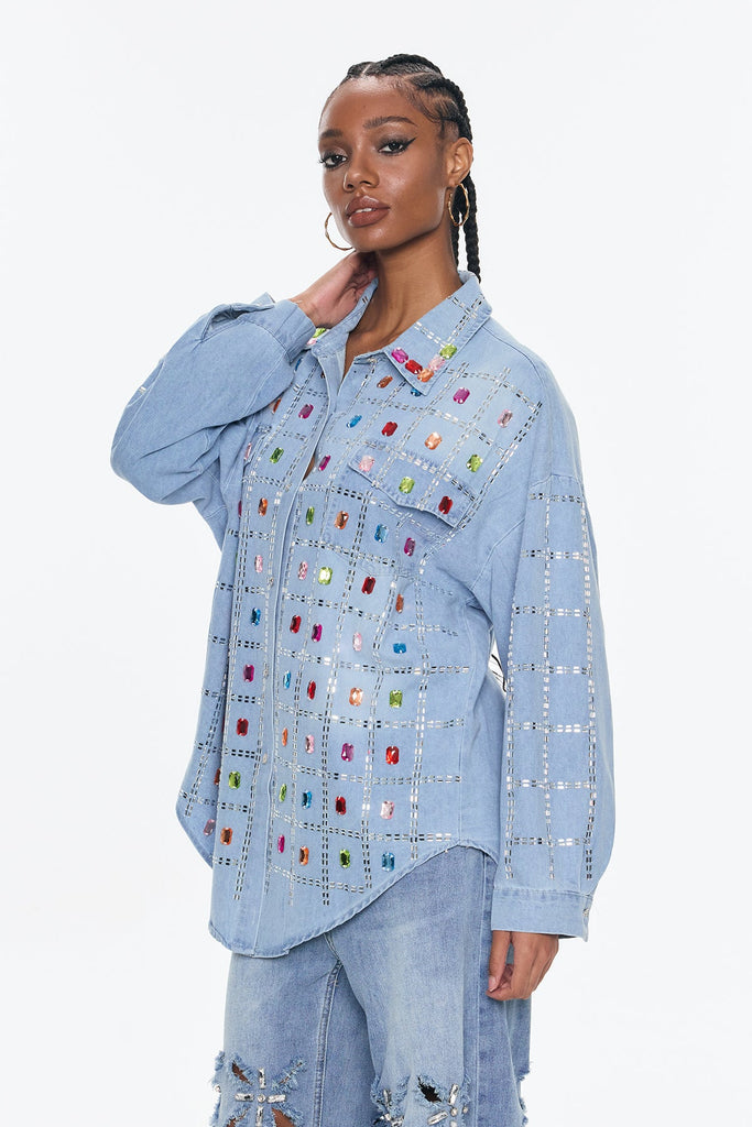 Stylish beautiful dress | Belisario Rhinestone Grid Denim Shirt - Ideal for special occasions