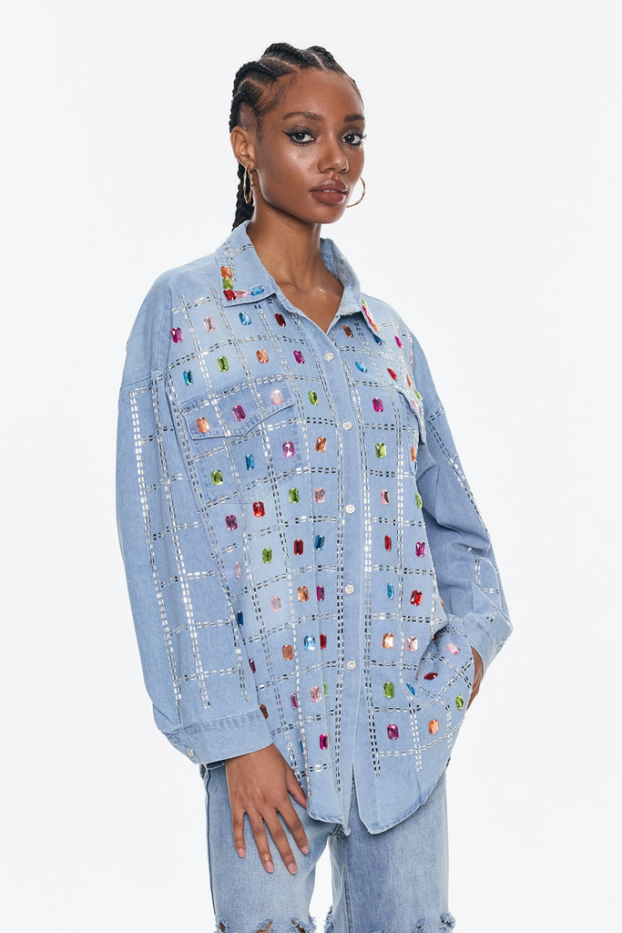 Belisario Rhinestone Grid Denim Shirt - Stylish beautiful dress for special occasions | Buy Online