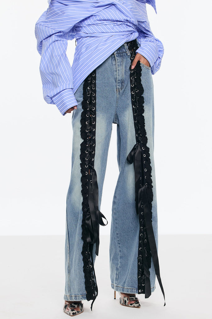 Bellona Deconstruct Lace Up Fringe Jeans In Blue - Stylish blue dress for special occasions | Buy Online