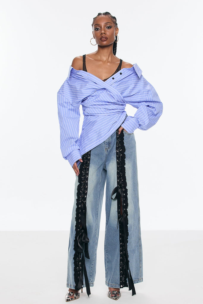 Shop  blue dress - Perfect for special occasions | Bellona Deconstruct Lace Up Fringe Jeans In Blue