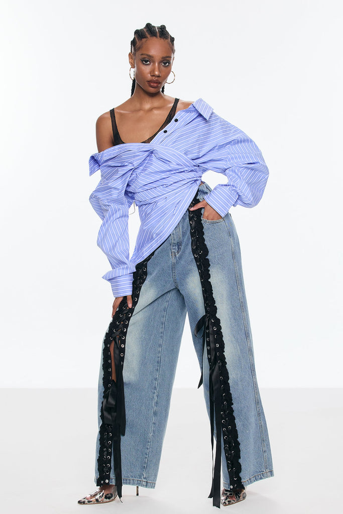 Shop  blue dress - Perfect for special occasions | Bellona Deconstruct Lace Up Fringe Jeans In Blue