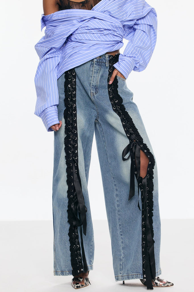 Stylish blue dress | Bellona Deconstruct Lace Up Fringe Jeans In Blue - Ideal for special occasions