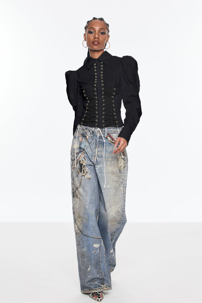 Stylish black dress | Belvedere Lace Up Puff Sleeve Top In Black - Ideal for special occasions