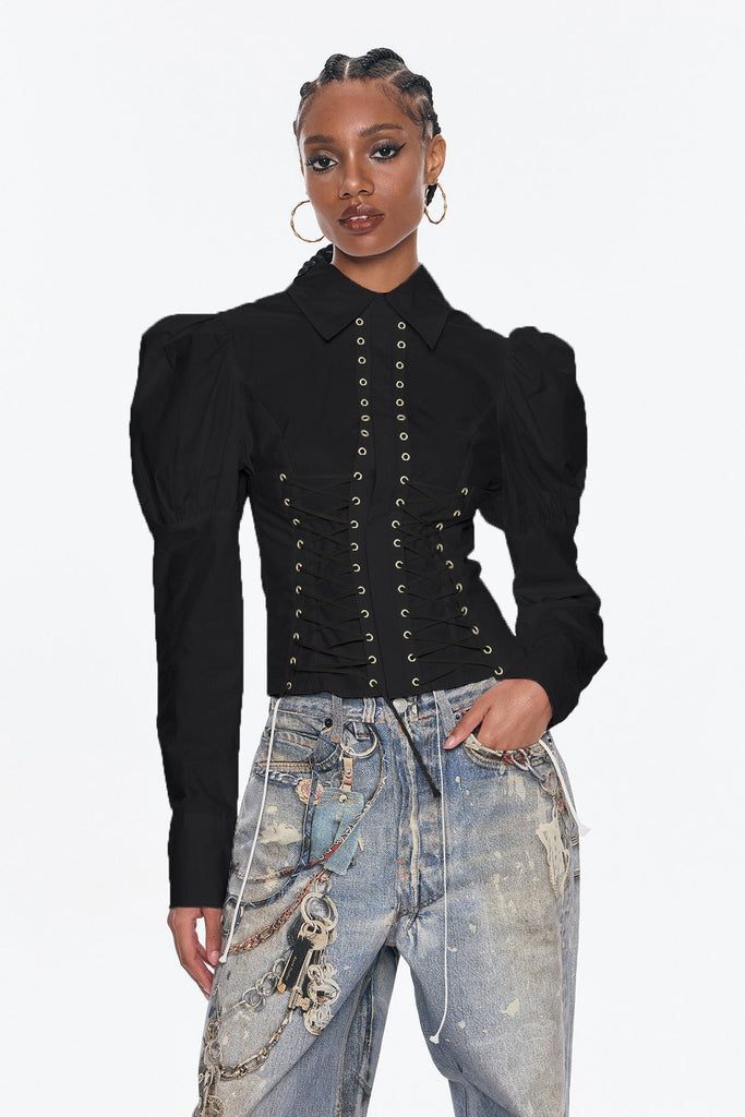 Belvedere Lace Up Puff Sleeve Top In Black - Stylish black dress for special occasions | Buy Online