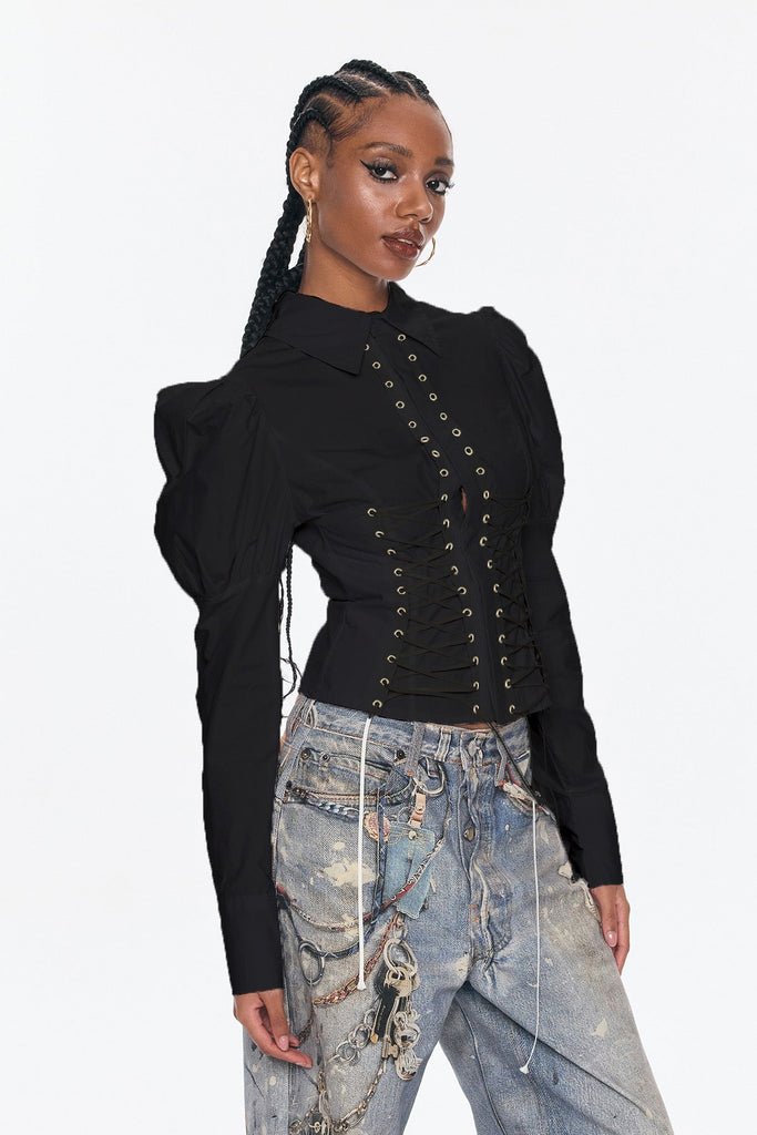 Belvedere Lace Up Puff Sleeve Top In Black - Stylish black dress for special occasions | Buy Online