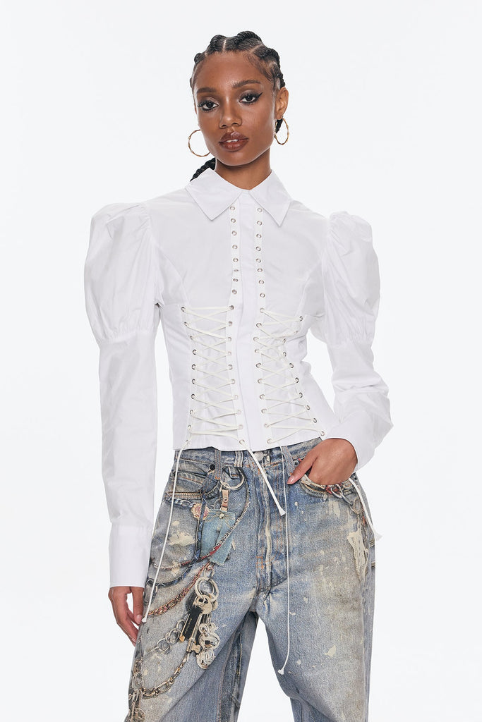 Stylish white dress | Belvedere Lace Up Puff Sleeve Top In White - Ideal for special occasions