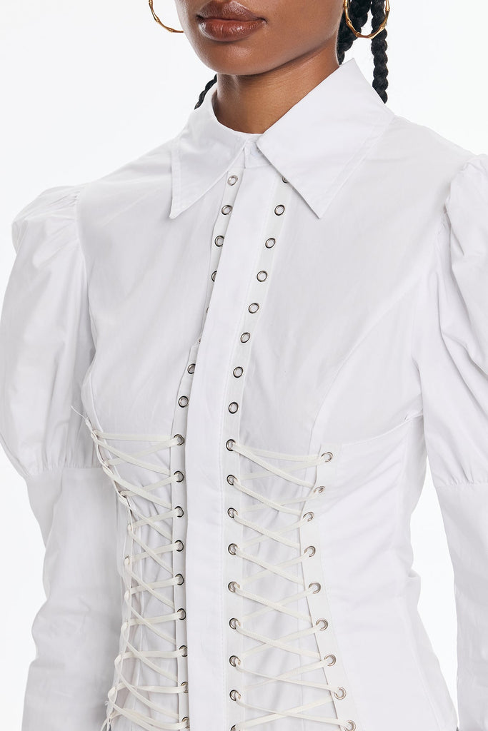 Stylish white dress | Belvedere Lace Up Puff Sleeve Top In White - Ideal for special occasions