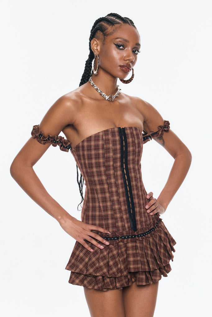Stylish beautiful dress | Bence Strapless Grid Ruffle Corset Mini Dress - Ideal for special occasions