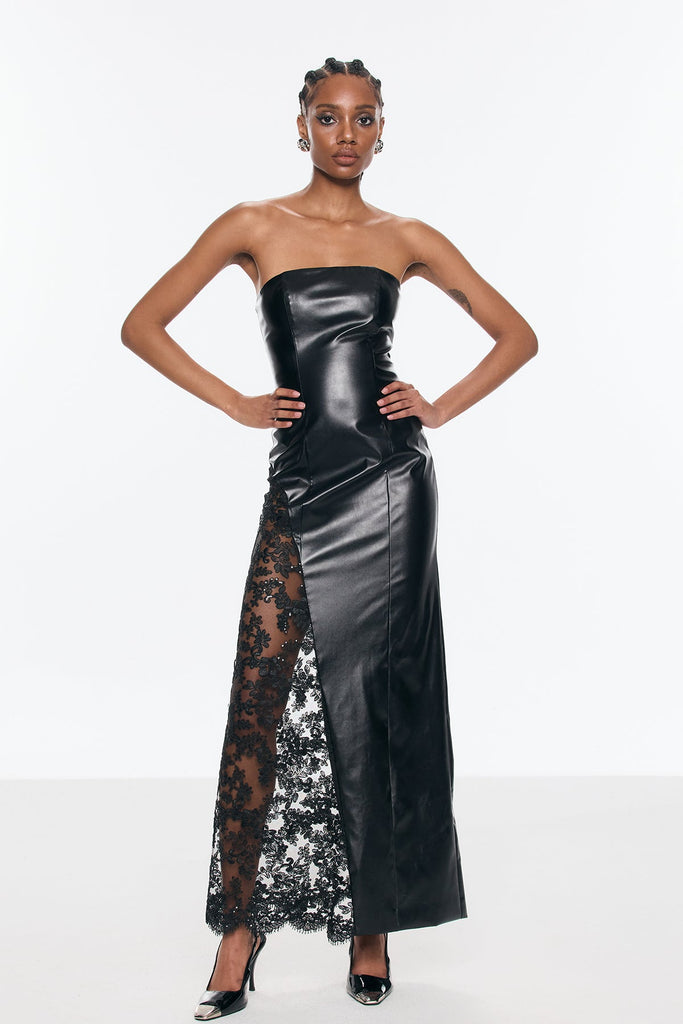 Benniton Lace Strapless Floral Leather Maxi Dress - Stylish beautiful dress for special occasions | Buy Online