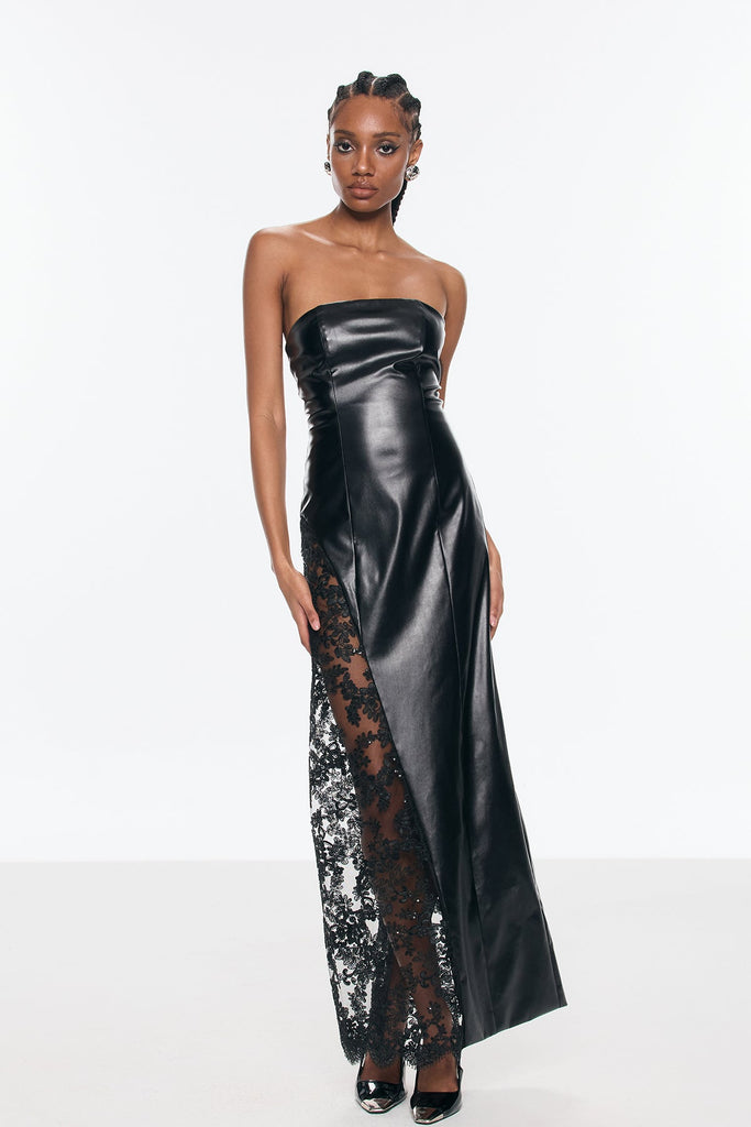 Shop  beautiful dress - Perfect for special occasions | Benniton Lace Strapless Floral Leather Maxi Dress