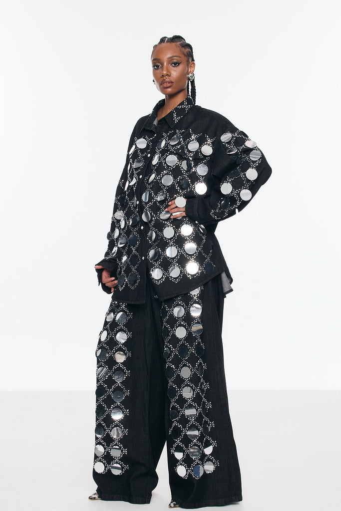 Benoni Sequin Grid Rhinestone Denim Pants Set - Stylish beautiful dress for special occasions | Buy Online