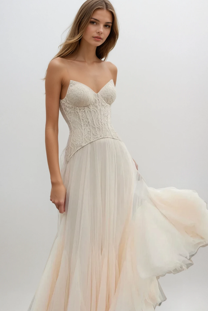 Beppe Lace Corset Tulle Dress In Cream - Stylish beautiful dress for special occasions | Buy Online
