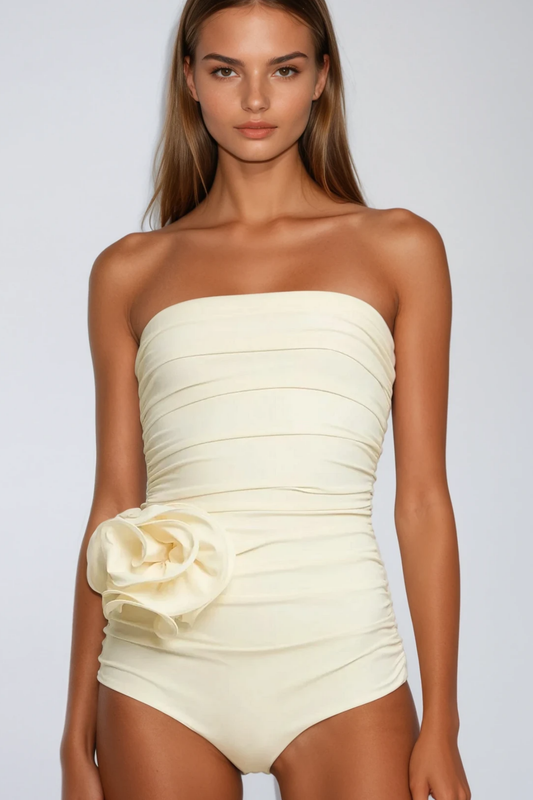 Berach Ruched Flower One Piece Swimsuit In Cream