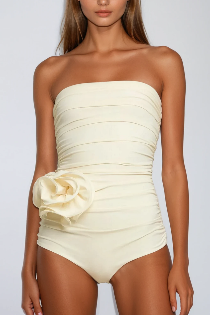 Berach Ruched Flower One Piece Swimsuit In Cream - Stylish beautiful dress for special occasions | Buy Online