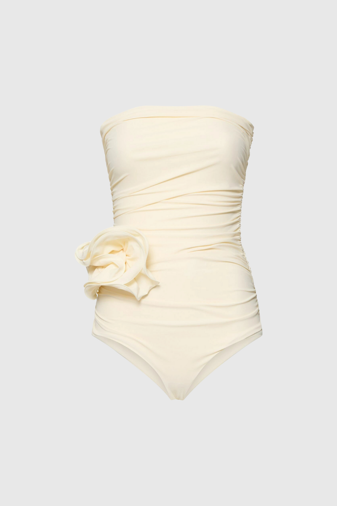 Berach Ruched Flower One Piece Swimsuit In Cream - Stylish beautiful dress for special occasions | Buy Online