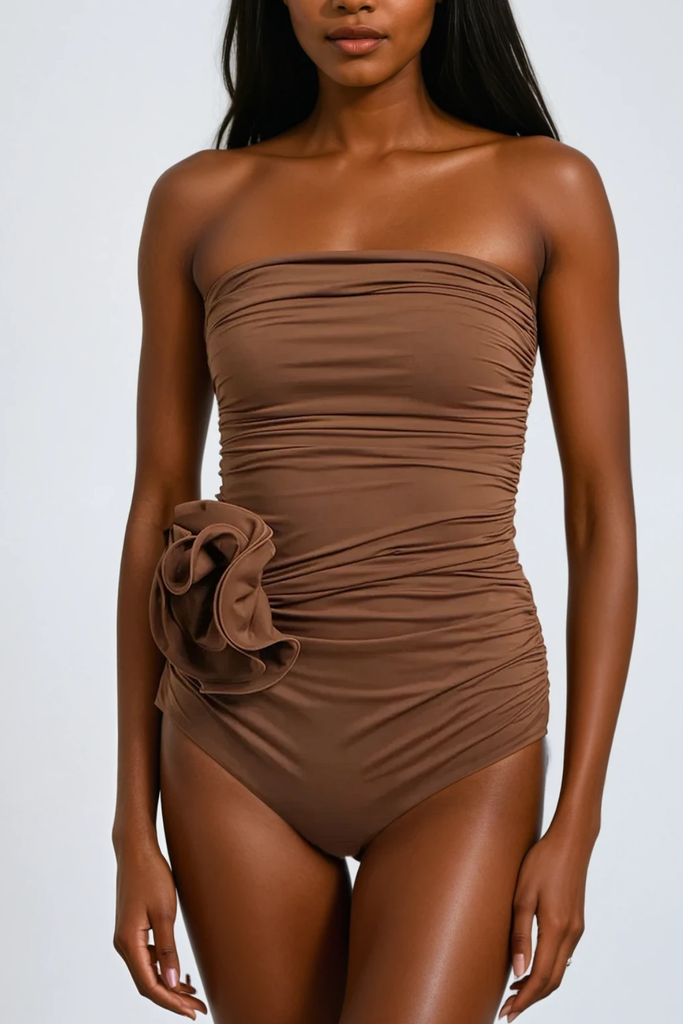 Shop  beautiful dress - Perfect for special occasions | Berach Ruched Flower One Piece Swimsuit In Mocha Mousse
