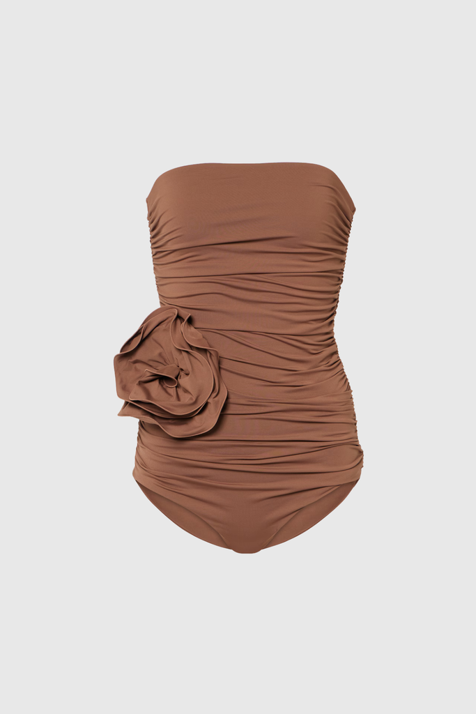 Berach Ruched Flower One Piece Swimsuit In Mocha Mousse - Stylish beautiful dress for special occasions | Buy Online