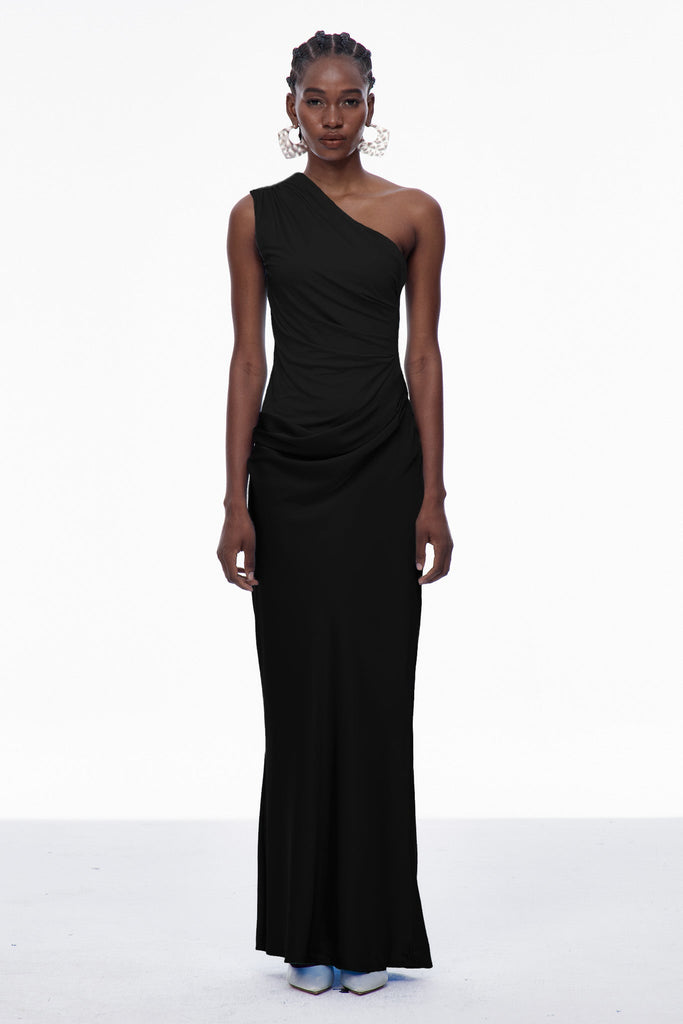 Beres One Shoulder Satin Maxi Dress In Black - Stylish black dress for special occasions | Buy Online