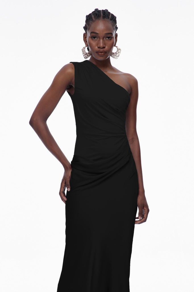 Shop  black dress - Perfect for special occasions | Beres One Shoulder Satin Maxi Dress In Black