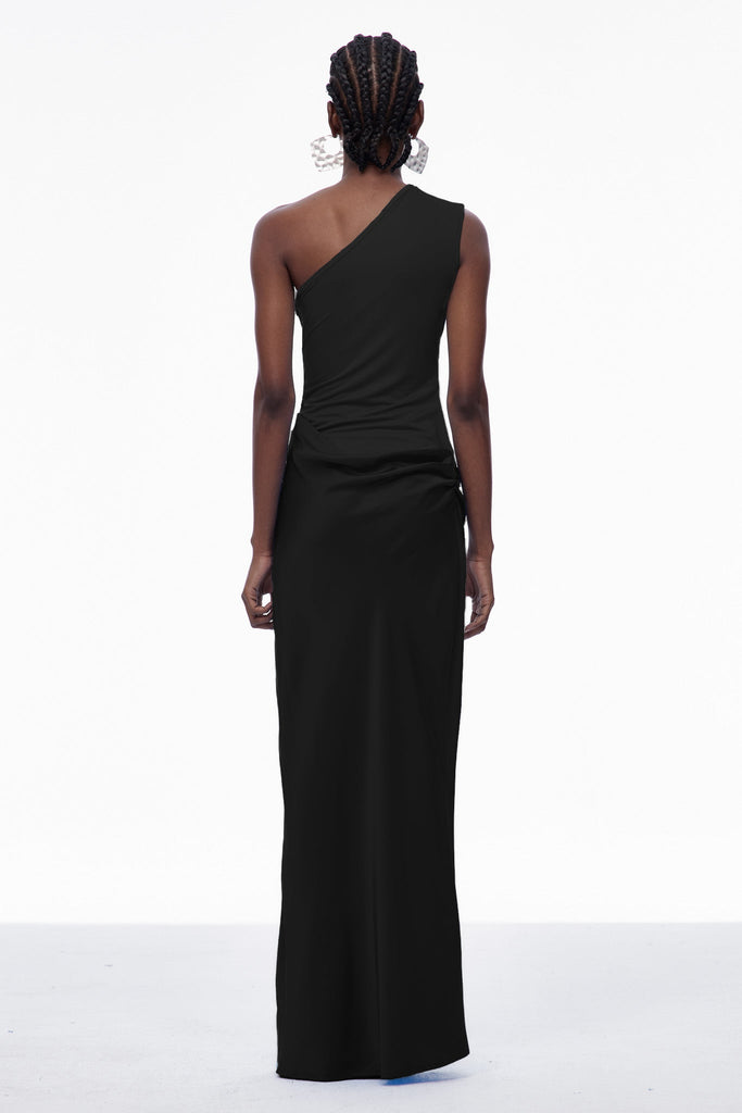 Stylish black dress | Beres One Shoulder Satin Maxi Dress In Black - Ideal for special occasions