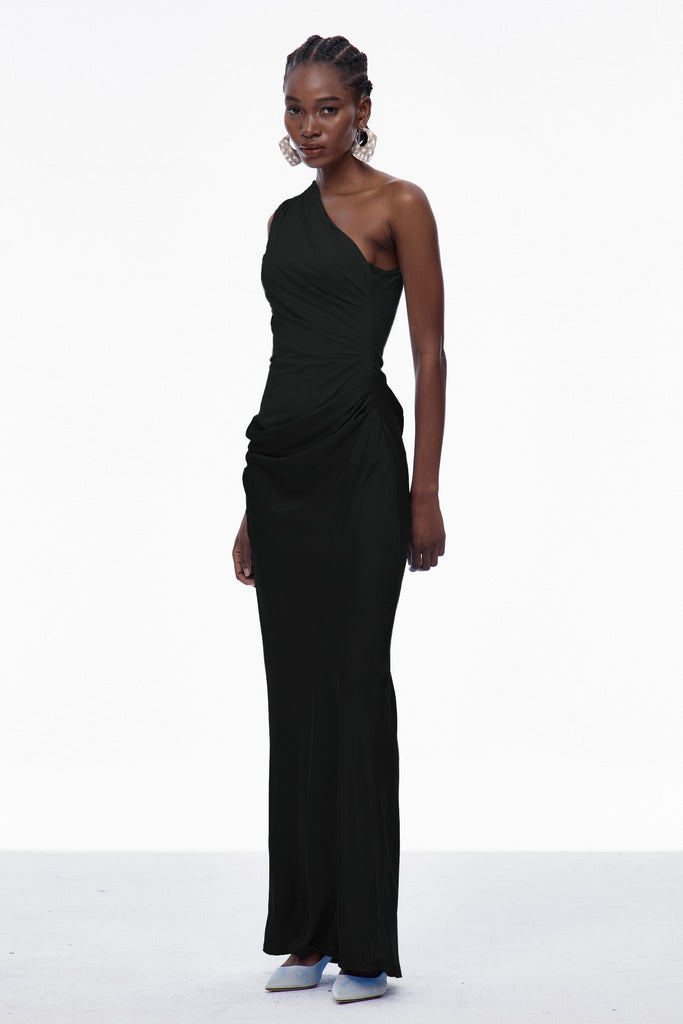 Stylish black dress | Beres One Shoulder Satin Maxi Dress In Black - Ideal for special occasions
