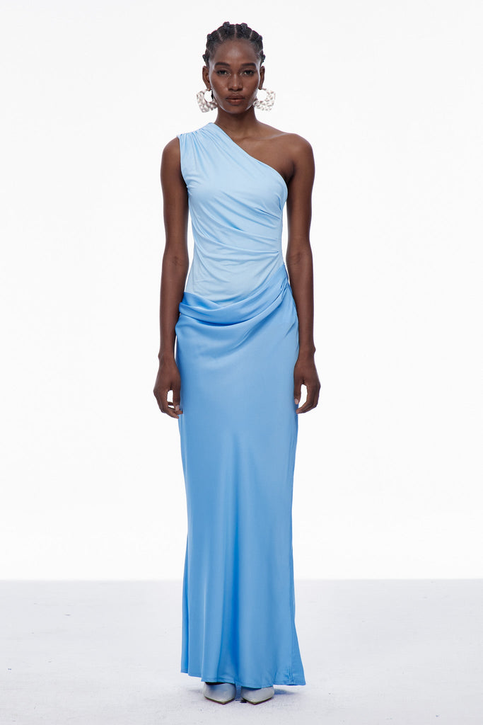 Stylish blue dress | Beres One Shoulder Satin Maxi Dress In Blue - Ideal for special occasions