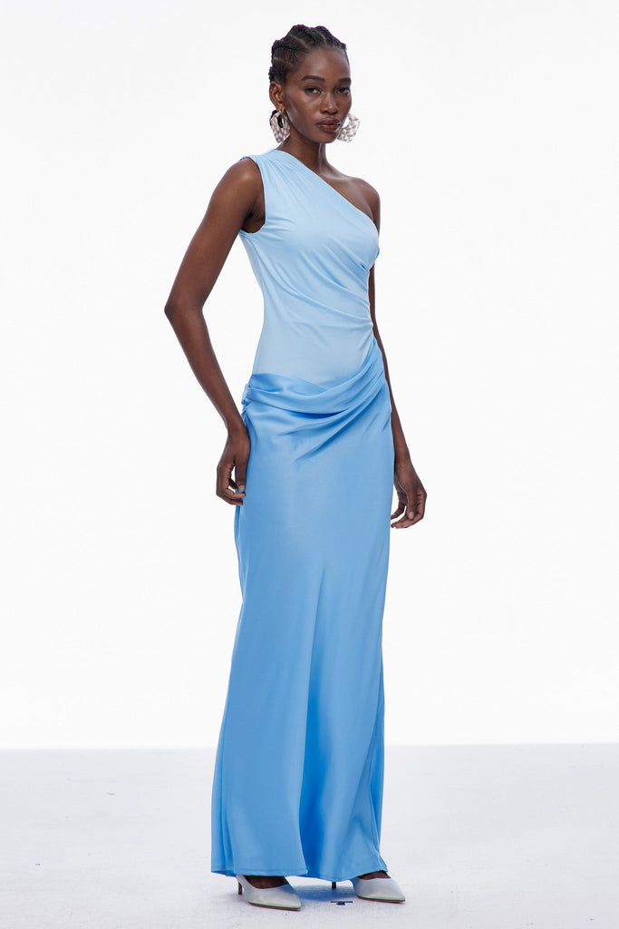 Shop  blue dress - Perfect for special occasions | Beres One Shoulder Satin Maxi Dress In Blue