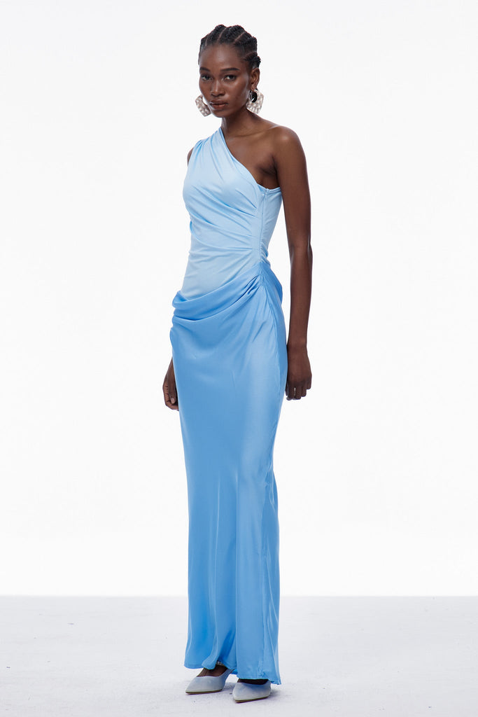 Stylish blue dress | Beres One Shoulder Satin Maxi Dress In Blue - Ideal for special occasions