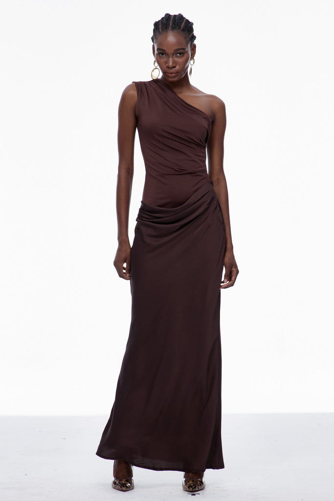 Stylish brown dress | Beres One Shoulder Satin Maxi Dress In Brown - Ideal for special occasions