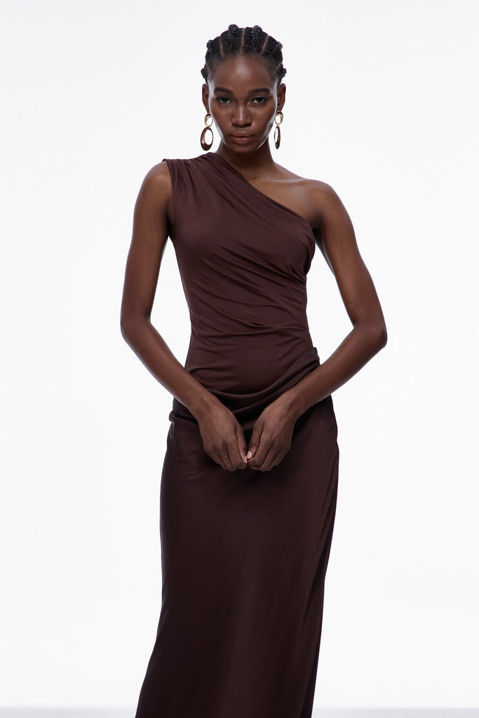 Shop  brown dress - Perfect for special occasions | Beres One Shoulder Satin Maxi Dress In Brown