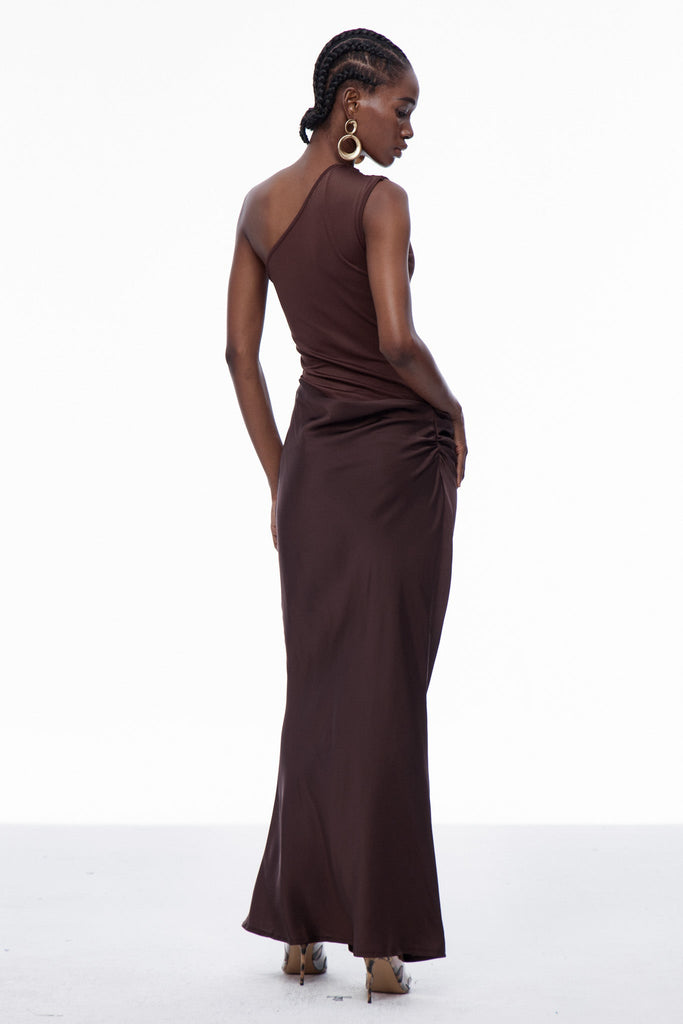 Shop  brown dress - Perfect for special occasions | Beres One Shoulder Satin Maxi Dress In Brown