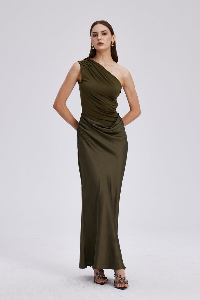 Beres One Shoulder Satin Maxi Dress In Green - Stylish green dress for special occasions | Buy Online