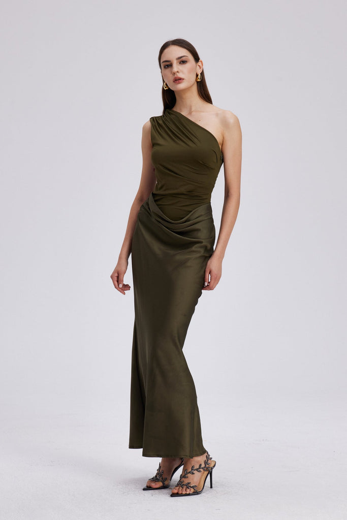 Beres One Shoulder Satin Maxi Dress In Green - Stylish green dress for special occasions | Buy Online