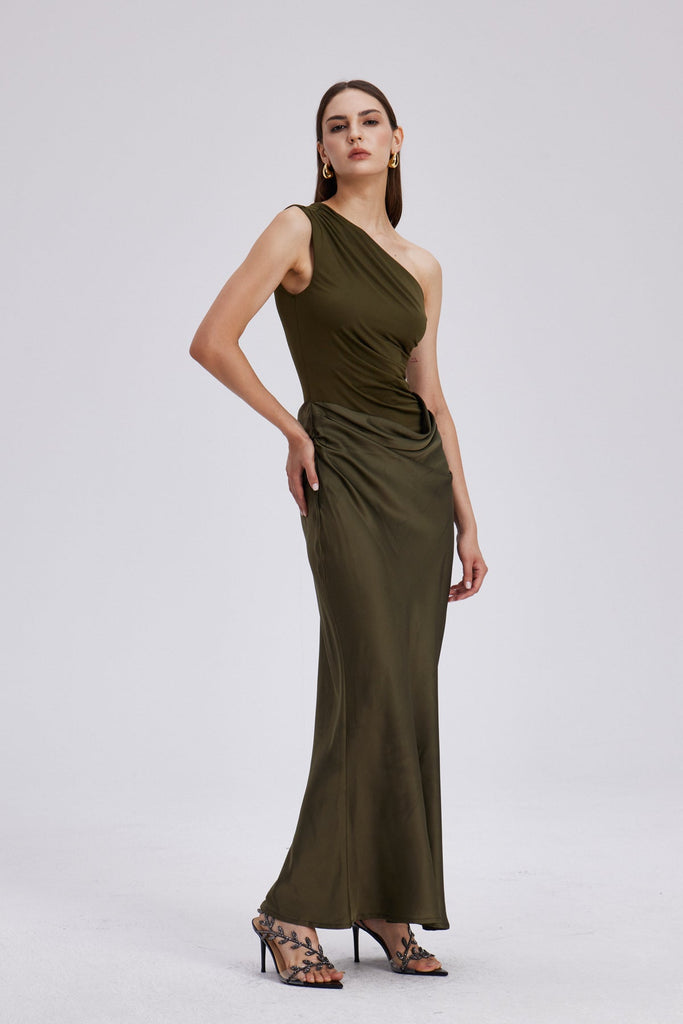 Shop  green dress - Perfect for special occasions | Beres One Shoulder Satin Maxi Dress In Green