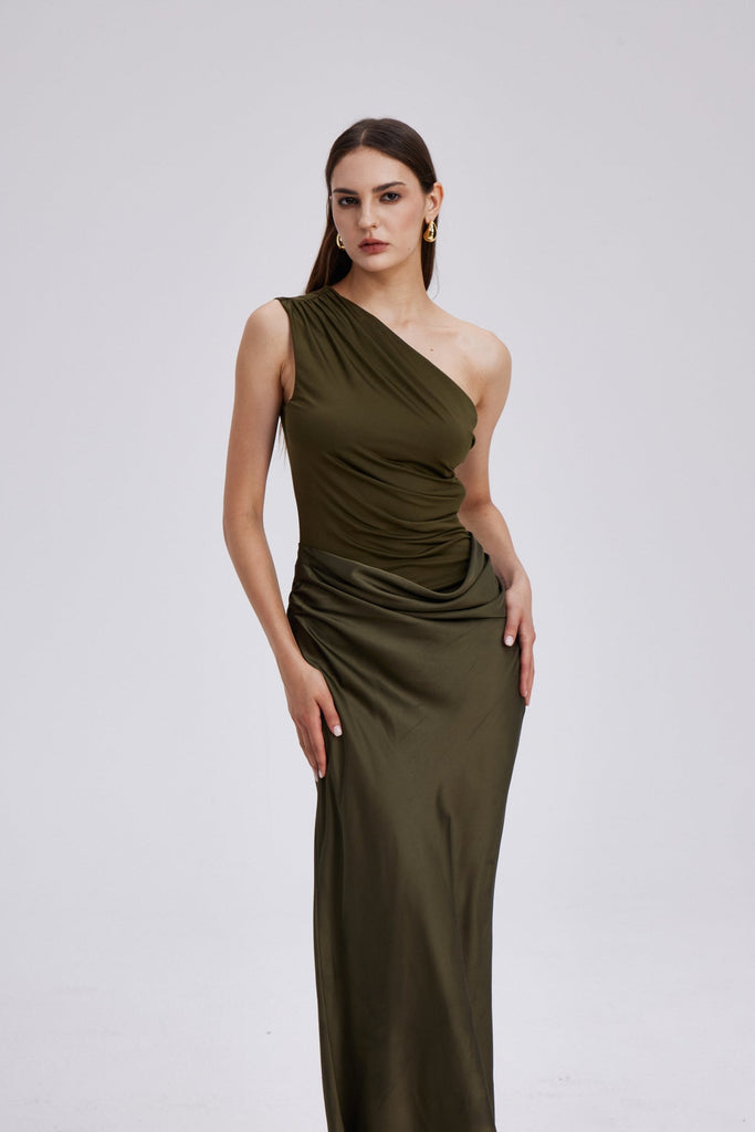Beres One Shoulder Satin Maxi Dress In Green - Stylish green dress for special occasions | Buy Online