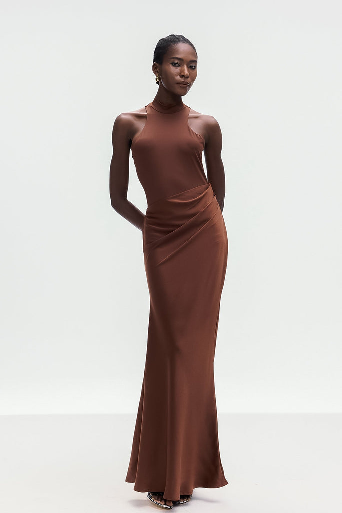 Stylish brown dress | Beres Tank Top Satin Maxi Dress In Brown - Ideal for special occasions