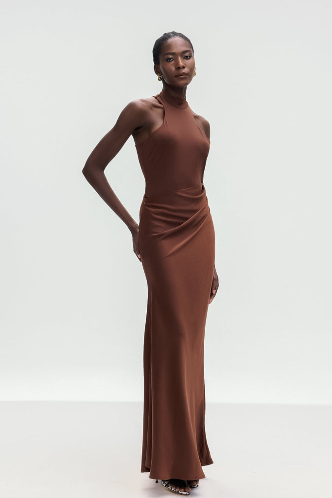 Shop  brown dress - Perfect for special occasions | Beres Tank Top Satin Maxi Dress In Brown