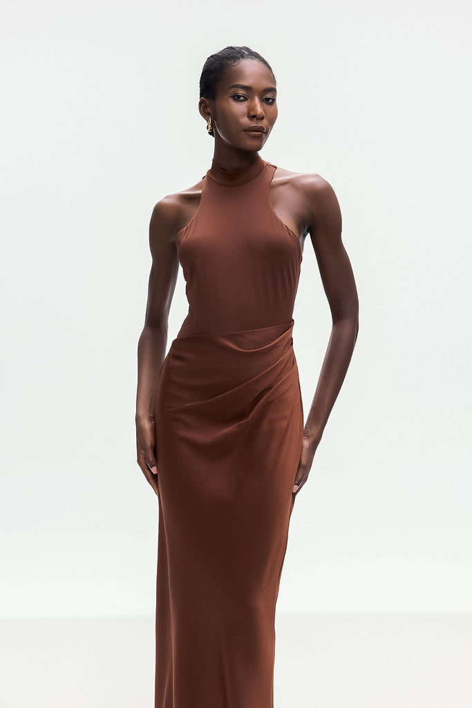 Shop  brown dress - Perfect for special occasions | Beres Tank Top Satin Maxi Dress In Brown