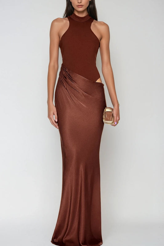 Beres Tank Top Satin Maxi Dress In Brown
