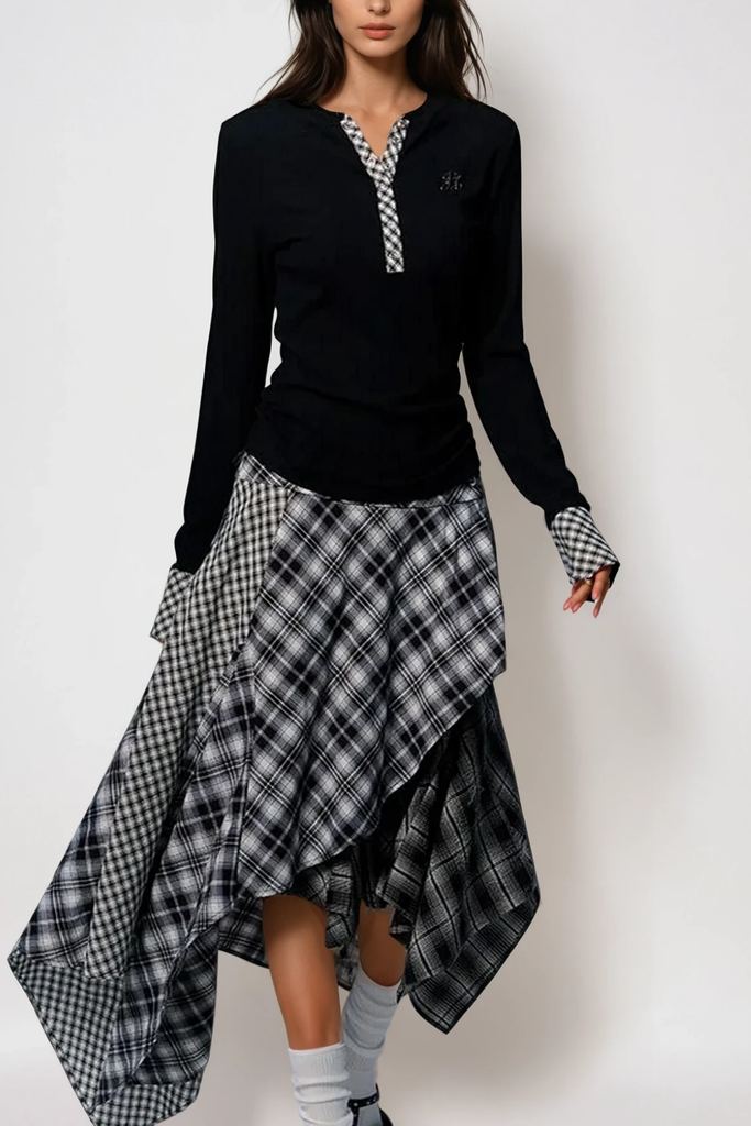 Beril Layered Patchwork Plaid Maxi Skirt - Stylish red maxi for special occasions | Buy Online