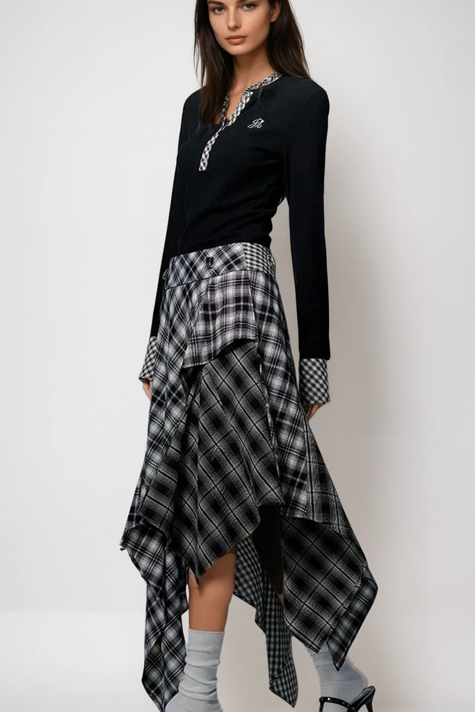 Shop  red maxi - Perfect for special occasions | Beril Layered Patchwork Plaid Maxi Skirt