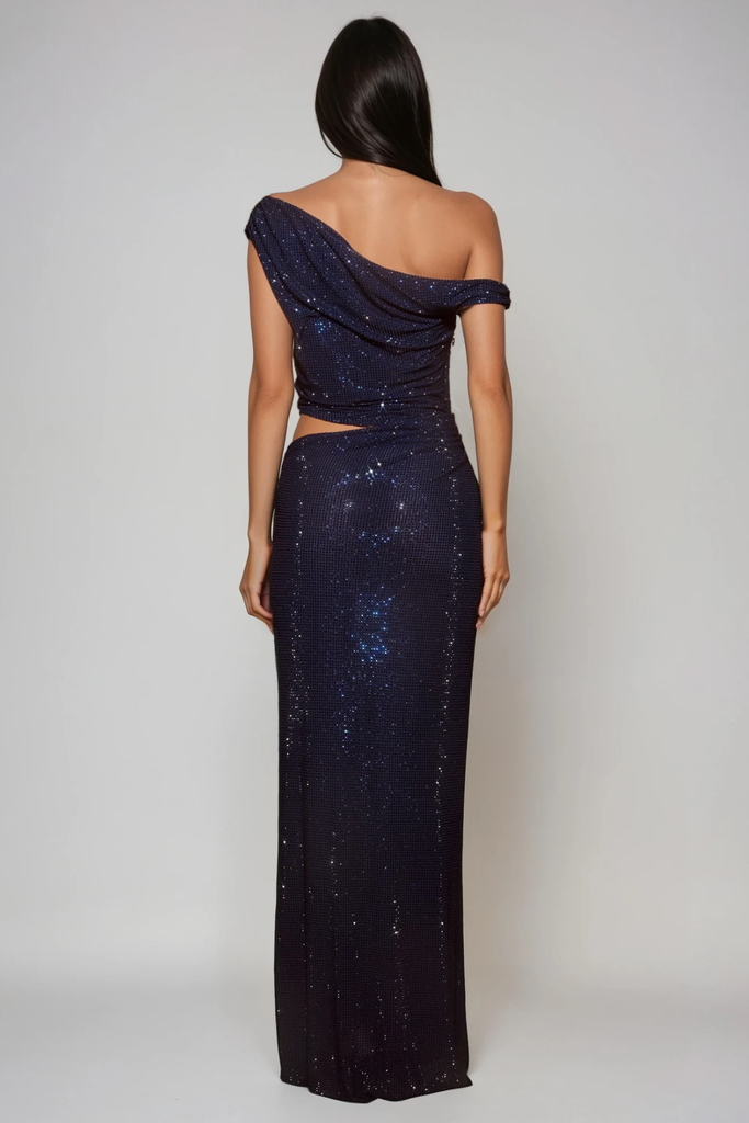 Shop  beautiful dress - Perfect for special occasions | Berlioz Diamante One Shoulder Dress In Navy
