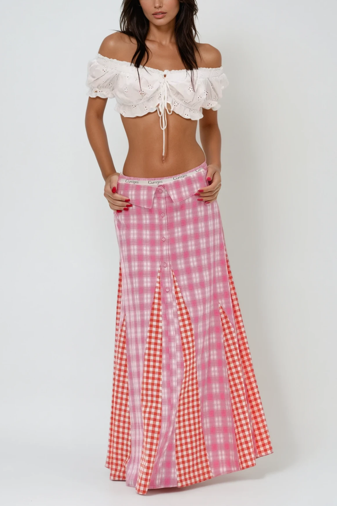 Berlynn Plaid Patchwork Maxi Dress In Pink - Stylish pink dress for special occasions | Buy Online