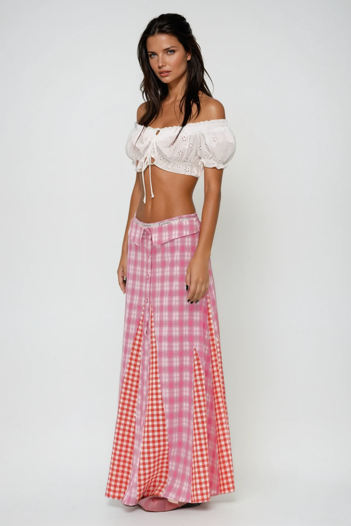 Berlynn Plaid Patchwork Maxi Dress In Pink - Stylish pink dress for special occasions | Buy Online