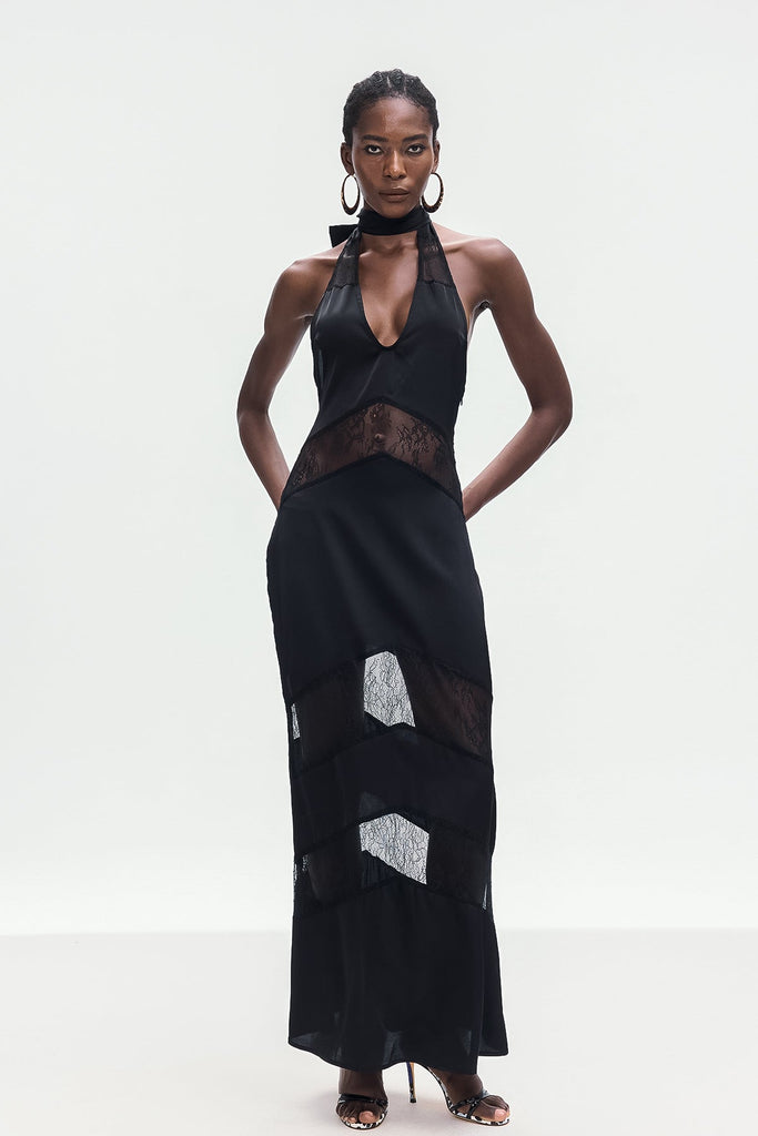 Stylish black dress | Bernal Satin Lace Cutout Floral Maxi Dress In Black - Ideal for special occasions