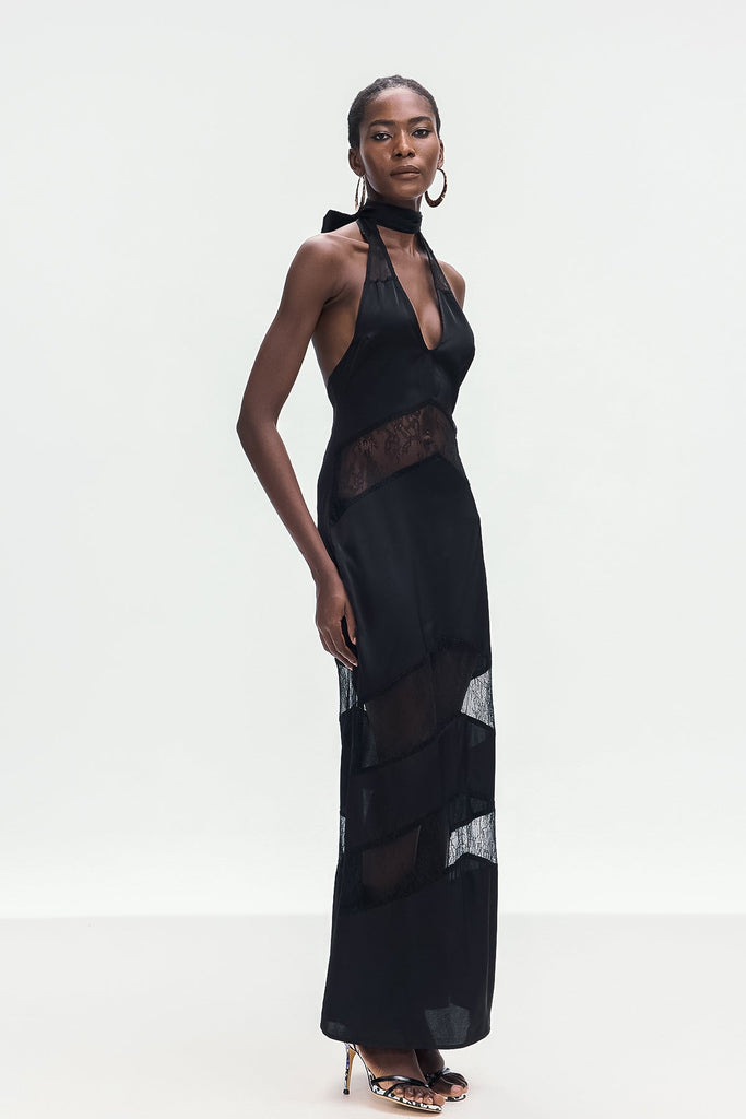 Stylish black dress | Bernal Satin Lace Cutout Floral Maxi Dress In Black - Ideal for special occasions